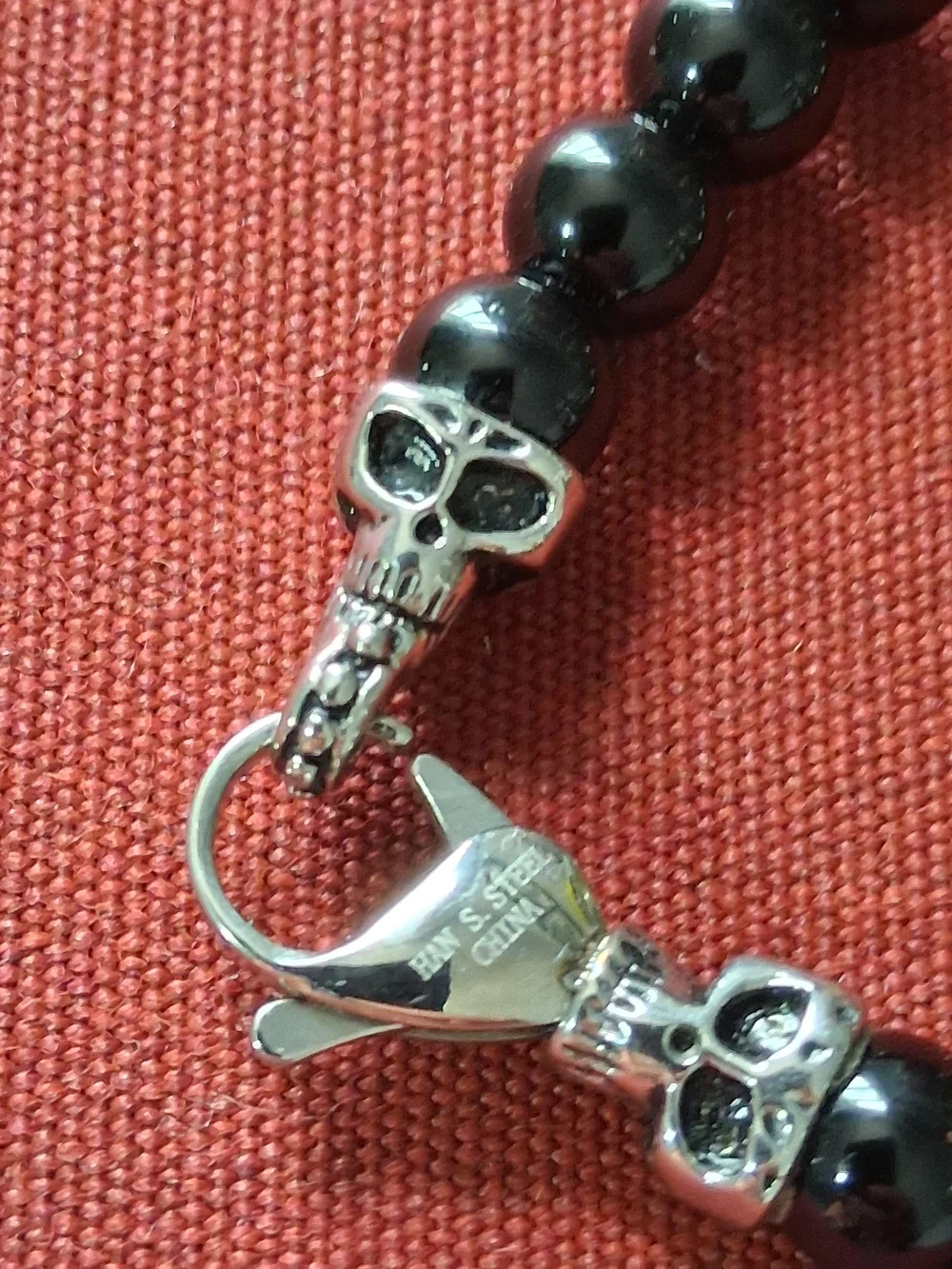 Gothic Unisex Onyx Beaded Bracelet Silver Skull Men's Signed HAN SS Biker